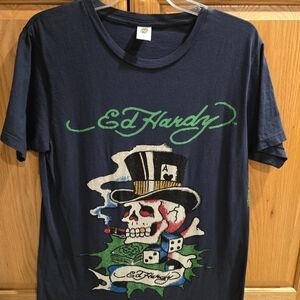 Ed Hardy Dark Blue T-Shirt with Skull and Dice Graphic